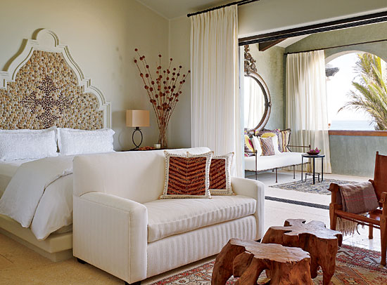 For a beach house in San Jose del Cabo, Kara Mann (karamann.com) mixed Mexican and Moorish influences to create a rich, comfortable space that reflected its location without feeling like an overthemed hacienda. Moroccan inspiration is evident in the headboard, day bed, and pillows.