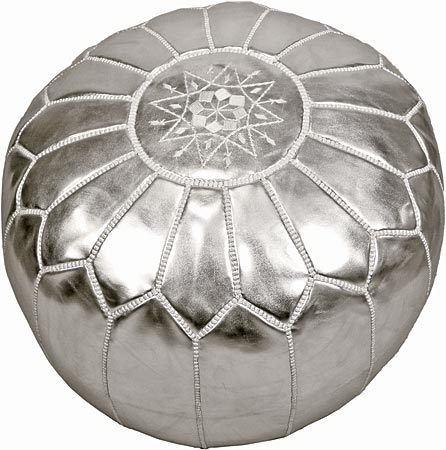 ohn Derian stitched-leather pouf, available in multiple colors, shown here in silver
