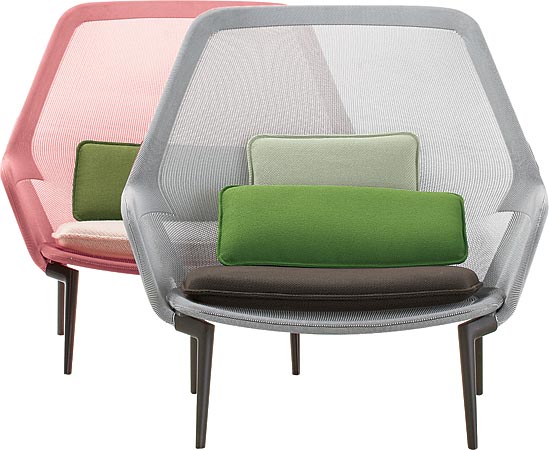 Slow chair, knitted fabric over a metal frame with polished or powder-coated aluminum legs; shown in red and brown (wool blend seat cushion and two pillows included)