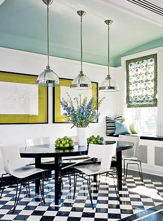 A room which pairs classic black and white with one main accent color