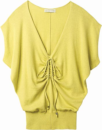 MICHAEL MICHAEL KORS acid green nylon, rayon, and cotton blend cinched-front sweater ($90), at Macy’s, 111 North State Street.