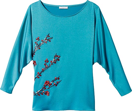 ADAM turquoise silk dolman-sleeve crepe-back cherry blossom top ($425), at Neiman Marcus, 737 North Michigan Avenue.