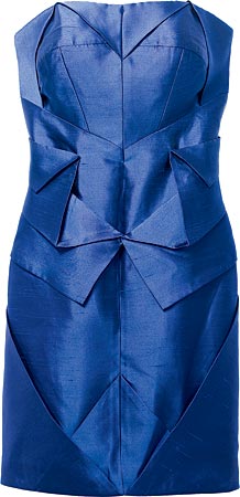 NICOLE MILLER COLLECTION cobalt silk dupioni Origami dress ($585), at Nicole Miller, 1419 North Wells Street.