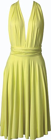 BUTTER BY NADIA chartreuse satin wrap dress ($268), at Krista K Boutique, 3458 North Southport Avenue.