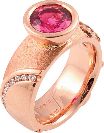 ELLIE THOMPSON + CO. rose gold ring with pink rubellite and diamonds ($2,900), at Ellie Thompson + Co., 8 South Michigan Avenue.