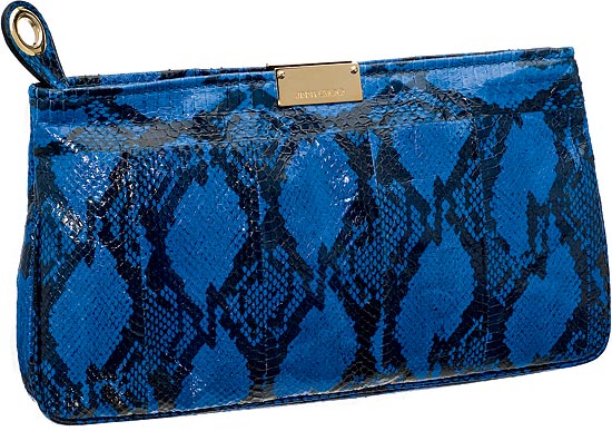 JIMMY CHOO cobalt elaphe Zulu clutch ($995), at Jimmy Choo, 63 East Oak Street.