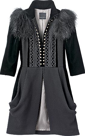 NANETTE LEPORE silk velvet, wool, nylon, and Mongolian fur coat ($1,295), at Nanette Lepore, 1623 North Damen Avenue.