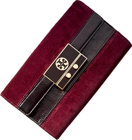 TORY BURCH wine velvet Caecey clutch ($325), at Tory Burch, 66 East Walton Street.