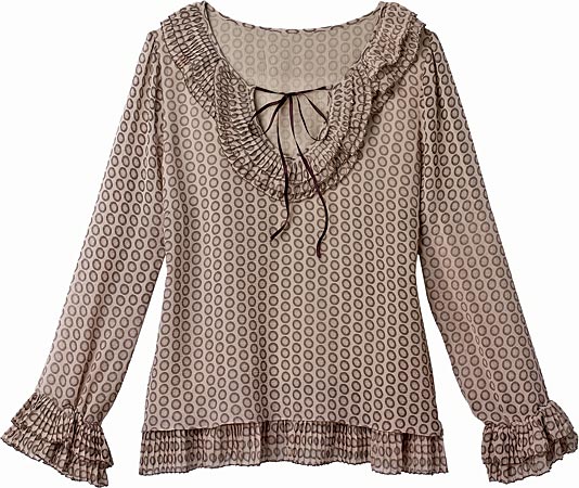 LEIFSDOTTIR beige silk ruffle blouse ($228), at Nordstrom, 55 East Grand Avenue, and Neiman Marcus, 5000 Northbrook Court, Northbrook.