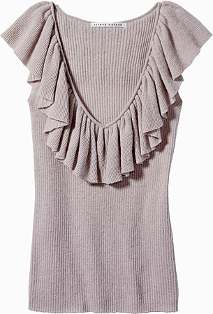 SUSANA MONACO raw sugar baby alpaca, wool, and nylon ruffle top ($242), at Veruca Salt, 521 North Kingsbury Street and 1921 North Damen Avenue.