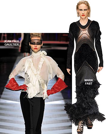 Model wearing a fringed shirt by Jean Paul Gaultier and a model wearing a fringed dress by Mark Fast