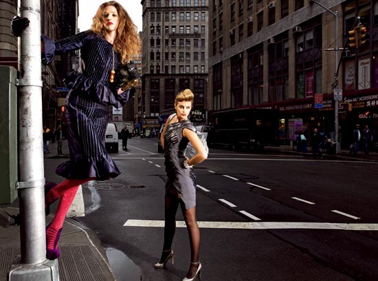 LEFT: J. MENDEL satin jacket ($2,490), satin skirt ($1,650), and leather gloves ($450), at J. Mendel, 919 North Michigan Avenue. TORY BURCH patent leather clutch ($442), at Tory Burch. FOGAL tights ($43), at Fogal, 900 North Michigan Avenue, and Simone’s Boutique, 1060 Gage Street, Winnetka. BRIAN ATWOOD suede shoes ($770), at Intermix, 1633 North Damen Avenue and other locations. ROXANNE ASSOULIN FOR LEE ANGEL acrylic and crystal link necklace ($275), gold-plated bangle ($135), scalloped-edge cuff ($110), and small gold-plated bangle ($125), at Oui Madame, 847-866-8363. RIGHT: ALTUZARRA dress ($2,660), at Ikram, 873 North Rush Street. COACH cotton twill and sequin bag ($598), at Coach, 625 North Michigan Avenue. GILES & BROTHER BY PHILIP CRANGI brass hoop earrings  ($88), by special order at Hejfina, 1529 North Milwaukee Avenue. ALEXIS BITTAR Lucite cuff ($375), at Art Effect. WOLFORD thigh-high stockings ($42), at Wolford, 54 East Oak Street. KENNETH COLE NEW YORK pumps ($195), at Kenneth Cole New York, 540 North Michigan Avenue.