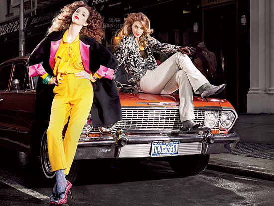 LEFT: MARC JACOBS satin and cashmere coat ($1,800), at selected Macy’s stores. CHRIS BENZ silk peasant shirt ($655) and wool pants ($755), at Blake. ALEXIS BITTAR Lucite bangle with gold chain ($375), Lucite bangles with crystals ($275 each), and yellow and neon yellow Lucite bangles ($100 each), at Art Effect. BETSEY JOHNSON tights ($30), at Betsey Johnson. JIMMY CHOO patent leather peep-toe stilettos ($750), at Jimmy Choo. RIGHT: BALENCIAGA velour blouse ($6,895), lace bra ($445), and gabardine pants ($1,125), at Blake. CLASS ART glass pendant with silver metal cord ($286), at Material Possessions, 704 North Wabash Avenue and 954 Green Bay Road, Winnetka. KENNETH COLE NEW YORK leather clutch ($98), at Macy’s and Lord & Taylor. MALOLES ankle boots ($525), similar styles at Barneys New York.