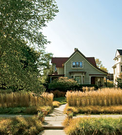 Curving path and front yard landscape