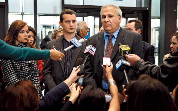 David Protess, with his former students Nicole Lapin and Evan Benn, in November at the Cook County criminal courthouse