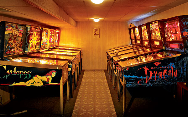 The basement arcade of Joshua Sharpe, son of Roger Sharpe, the author of Pinball!
