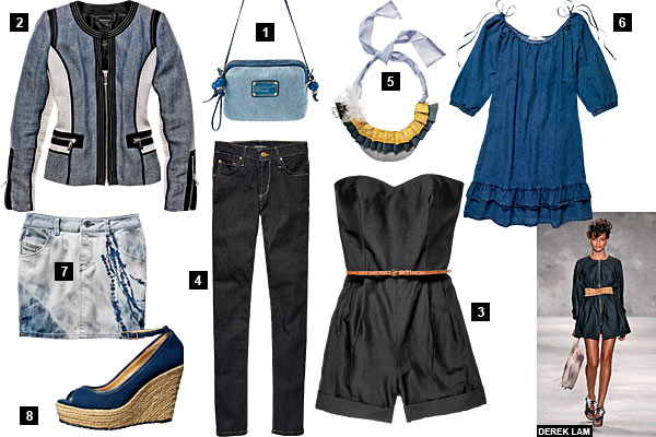 Bag, blazer, jumper, Twiggy jeans, bib necklace, Melit skirt, espadrilles, and Derek Lam model