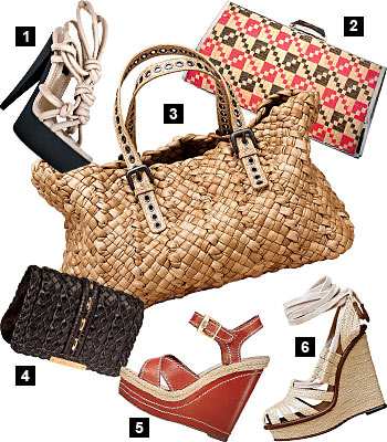 Sandals, snakeskin clutch, bag, clutch, wedges and raffia wedges