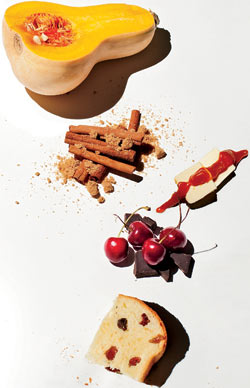 Bread pudding ingredients: butternut squash, cinnamon, butter, dark chocolate and cherries, fruitcake