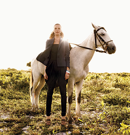 Martin Grant jacket, bustier, jodhpurs, Lana Jewelry Sunrise hoops, Kara Ross square bangles, and Marni sandals