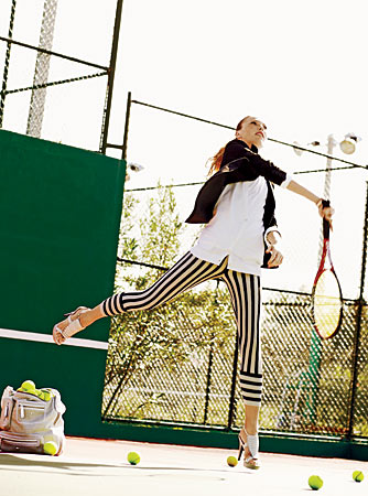 DKNY blazer, Lacoste cardigan, IZOD polo shirt, Marni striped pants, Maria Sharapova by Cole Haan Air Gwaltney OT pumps, Tod’s wrap bracelet and Pashmy Tracolla bag