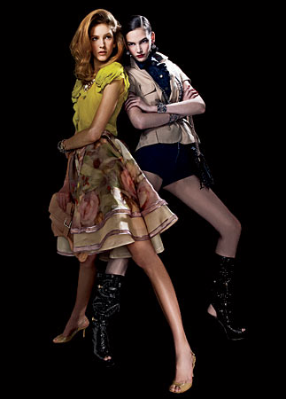 LEFT: MARIA PINTO top and camisole, DENNIS BASSO skirt, SILVIO BETTERELLI FOR FURLA TALENT HUB clutch, RACHEL LEIGH cuffs and necklace, JIMMY CHOO shoes. RIGHT: LOUIS VUITTON jacket, denim jacket, shorts, and boots, TULESTE MARKET necklace, JIMMY CHOO bag, LULU FROST large bracelet, small bracelet, and earrings, and RACHEL LEIGH cuff