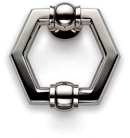 Polished-nickel hexagonal door knocker