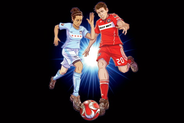 Chicago pro soccer face-off: Kate Markgraf of the Red Stars and Brian McBride of the Fire
