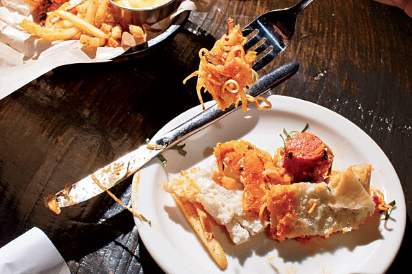 Togarashi fries and Belly Dog with kimchi salsa and egg noodles at Belly Shack