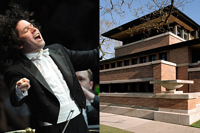 Gustavo Dudamel conducting an orchestra and a Frank Lloyd Wright home