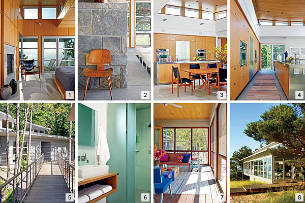 The master bedroom has a porch with a lake view and a vintage Finn Juhl Chieftain Chair, a favorite of the owner, Irving Stenn. The warm tones of a vintage Eames chair set off the stone fireplace. Sunlight streaming through clerestory windows brightens the kitchen, where white oak was stained a butterscotch color for easy care. A small guesthouse and garage are accessed by a footbridge that spans a ravine. The master bathroom’s shower has frosted glass walls reminiscent of sea glass. In summer the screened porch provides open-air respite from the sun. Booth took care to keep things intimate and informal. “Big sheets of glass are kind of intimidating; this is friendly,” he says.