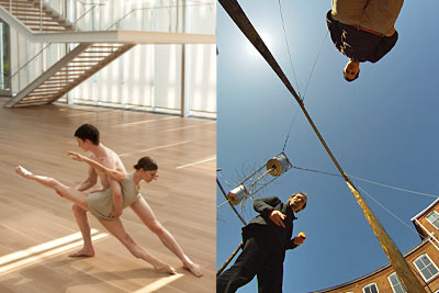 Members of Hubbard Street Dance Chicago dancing; Worms-eye view of members of The Books.