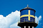 A silo in Andersonville, painted like the Swedish flag