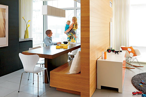 The Haldemans' kitchen and child's bedroom, divided by a bamboo-clad structure