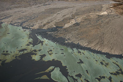 Aerial view of a holding pond, form the film Petropolis