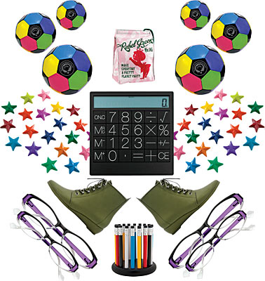 Little Miss Matched soccerball, Rebel Green Princess lunch sack, Miss Brittany’s eco stars, Made by Humans calculator, Loeffler Randall June rain boots, Ogi frame, and Adrian Olabuenaga pencil pot