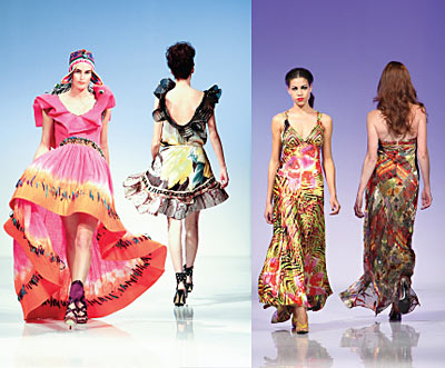 Runway models wearing colorful dresses