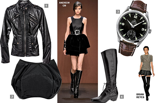 RELATIVITY CAREER motorcycle jacket, ALLDRESSSEDUP skirt, OMEGA watch, ATTILIO GIUSTI LEOMBRUNI boots