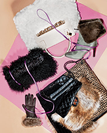 MARC JACOBS bag, FRATELLI ROSSETTI fur-trimmed boots, CHANEL bag, HERMÈS leather and mink gloves, and VBH clutch