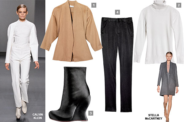 MATTHEW AMES blazer, MARLOWE turtleneck, BOTTEGA VENETA satin wedge booties, HELMUT LANG pants