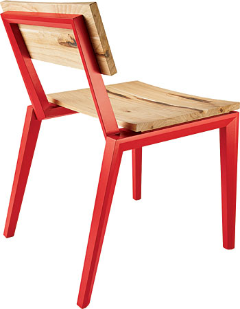 Jon Martin’s red-lacquered poplar Hudson chair with rustic hickory seat and back