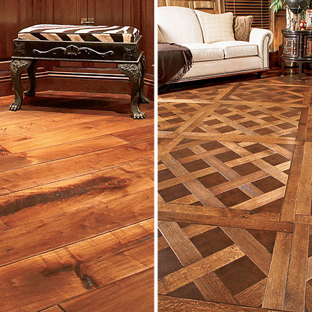 The hand-scraped random-width walnut planks used in another room, left, are from trees felled in a storm; for a home in Indiana, Birger Juell created a parquet floor, right, with white oak salvaged from an 1860s hospital building.