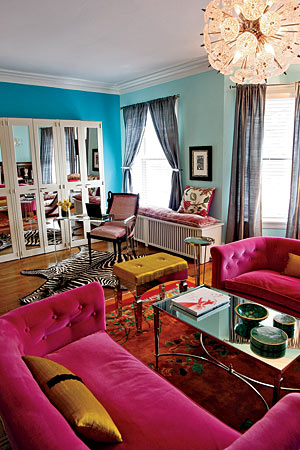 Fuchsia silk velvet settees in a room by Civility Design punch up classic Americana and vintage furnishings.