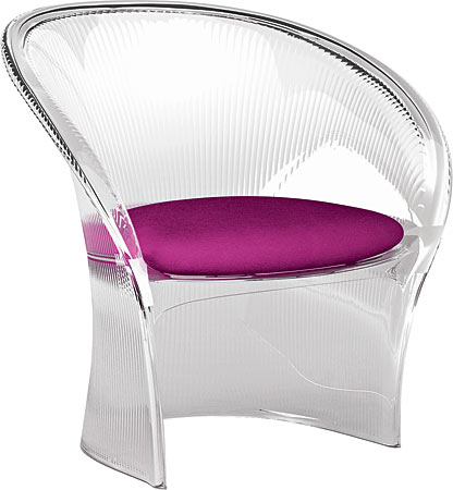 Curvy transparent polycarbonate Flower Chair by Pierre Paulin, with fuchsia fabric cushion