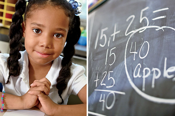 A young student and blackboard from Leland Elementary School