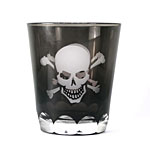 A glass decorated with a skull and crossbones