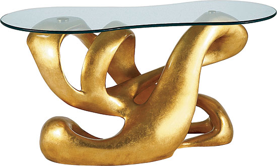 Glass-topped Biomorphic console table, cast resin base with gold-leaf finish, from Baker’s Selected Works of Tony Duquette collection