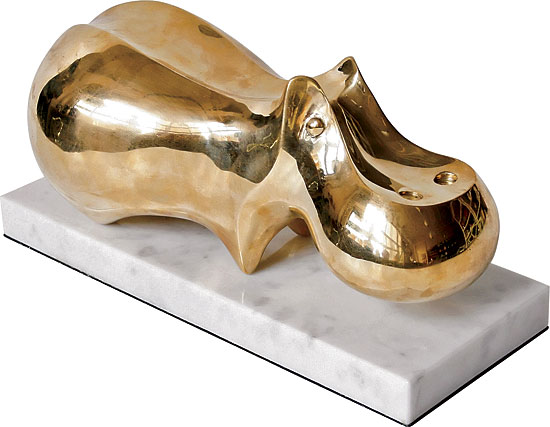Polished six-inch-tall brass and alabaster hippo sculpture