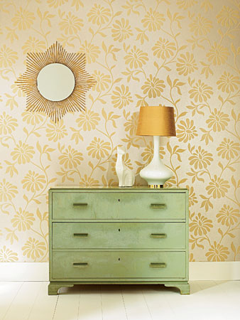 Ophelia wallpaper in cream by Barbara Hulanicki for Graham & Brown, flocked print on clay-coat paper