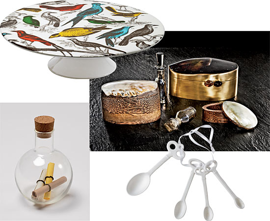 Clockwise from top left: Thomas Paul bird-happy pedestaled melamine cake plate, Celestina suede-lined brass box (4 inches tall) with pen-shell cover and polished stone clasp, Pilar shell and palm-wood boxes, vintage mercury glass perfume bottles with glass stoppers, Carol’s Keys ceramic measuring spoons, and a teensy message in a bottle from O-Check Design Graphics (includes three mini scrolls)